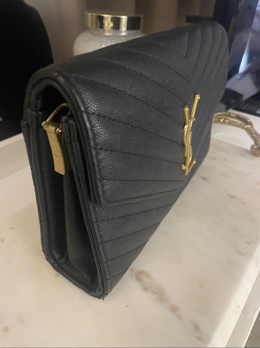 Black Quilted Chevron Wallet-On-Chain with Gold YSL - Picture 3 of 4